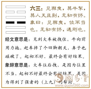 睽卦第三爻，爻辞：六三：见舆曳，其牛掣；其人天且劓。无初有终。