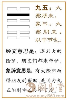 蹇卦第五爻，爻辞：九五：大蹇，朋来。